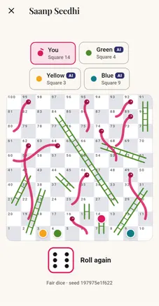 A snakes and ladders board for four players.